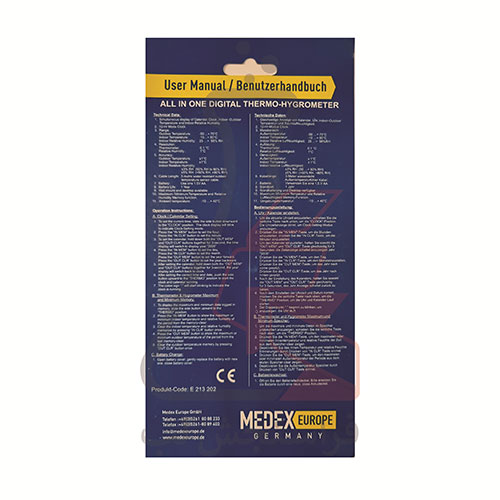 ترموهیدرومتر دیجیتال سنسوردار (داخل و خارج) برند MEDEX EUROPE کد E 213 202